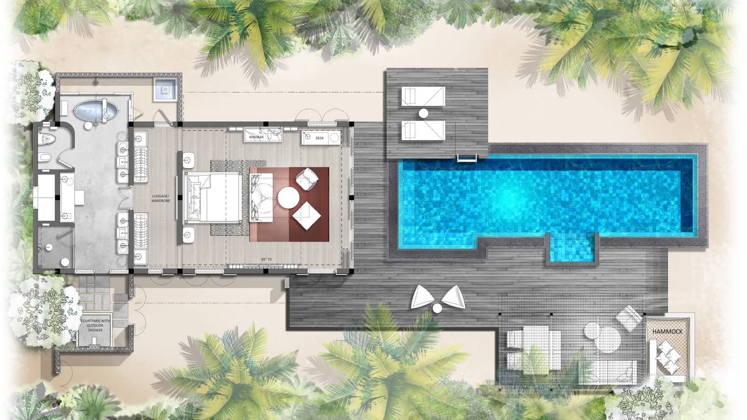 Floorplan of Oceanfront Bungalow with Pool at Four Seasons Maldives at Landaa Giraavaru