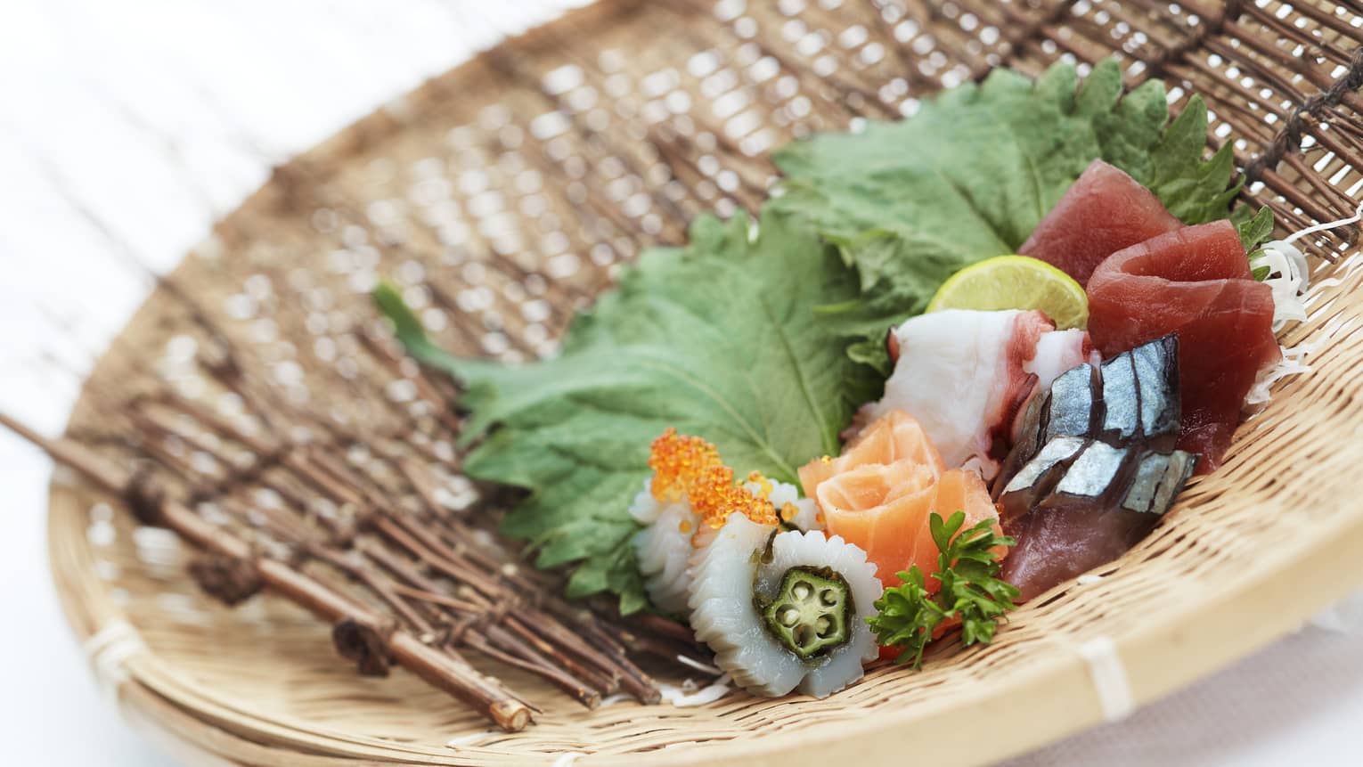 Ika-okura nori, Norwegian salmon, shime saba, tako, akami tuna, shiso leaf