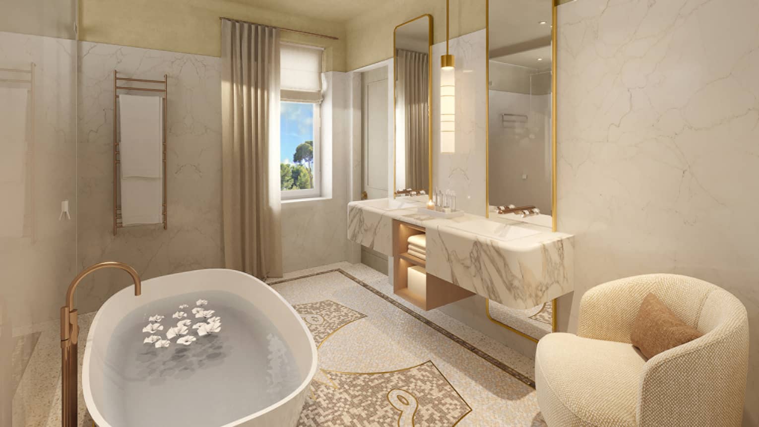 Marble bathroom with two separate vanity mirrors, arm chair and free-standing tub