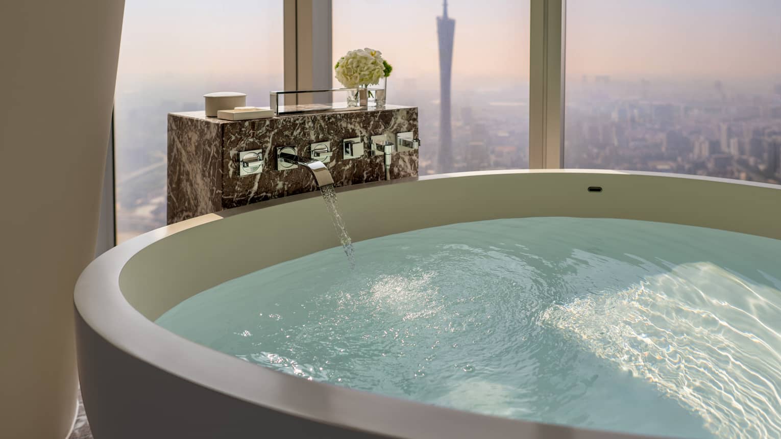 Club Premier Room Canton Tower View large soaking tub with cityscape views