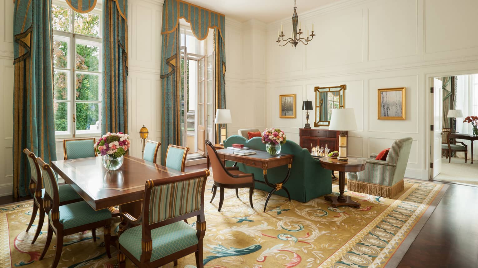 St Petersburg Hotel Russia Luxury Four Seasons Lion Palace Admiralty One Bedroom Suite Large Dining Table And Chairs By Sitting Area Teal Green