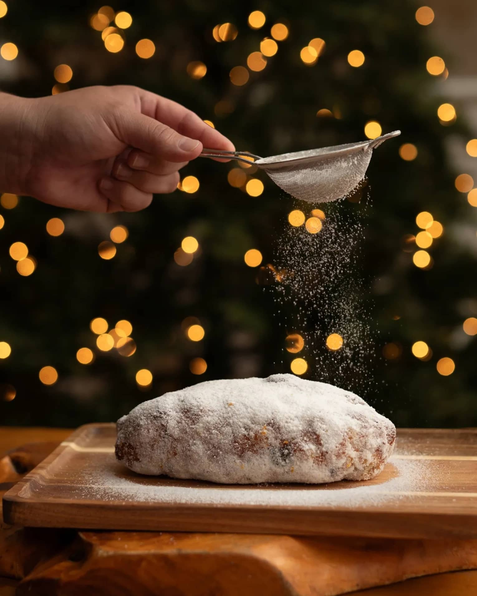 Freshly baked loaf of bread being dusted in white powder with Christmas trees in the background