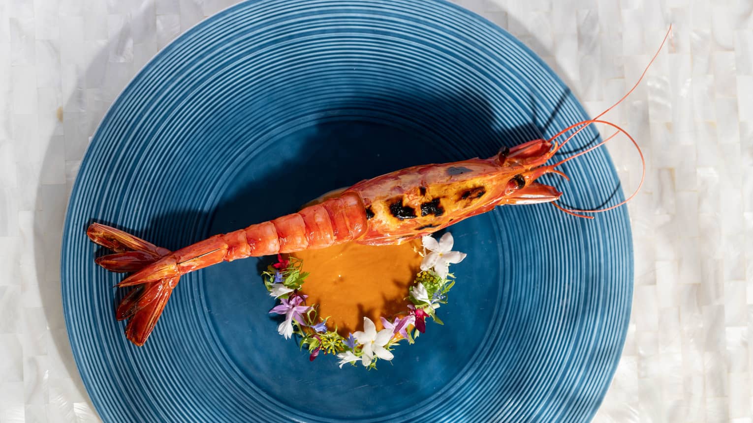 Grilled Carabinero with Sumac, Capsicum and Shellfish Cream Sauce