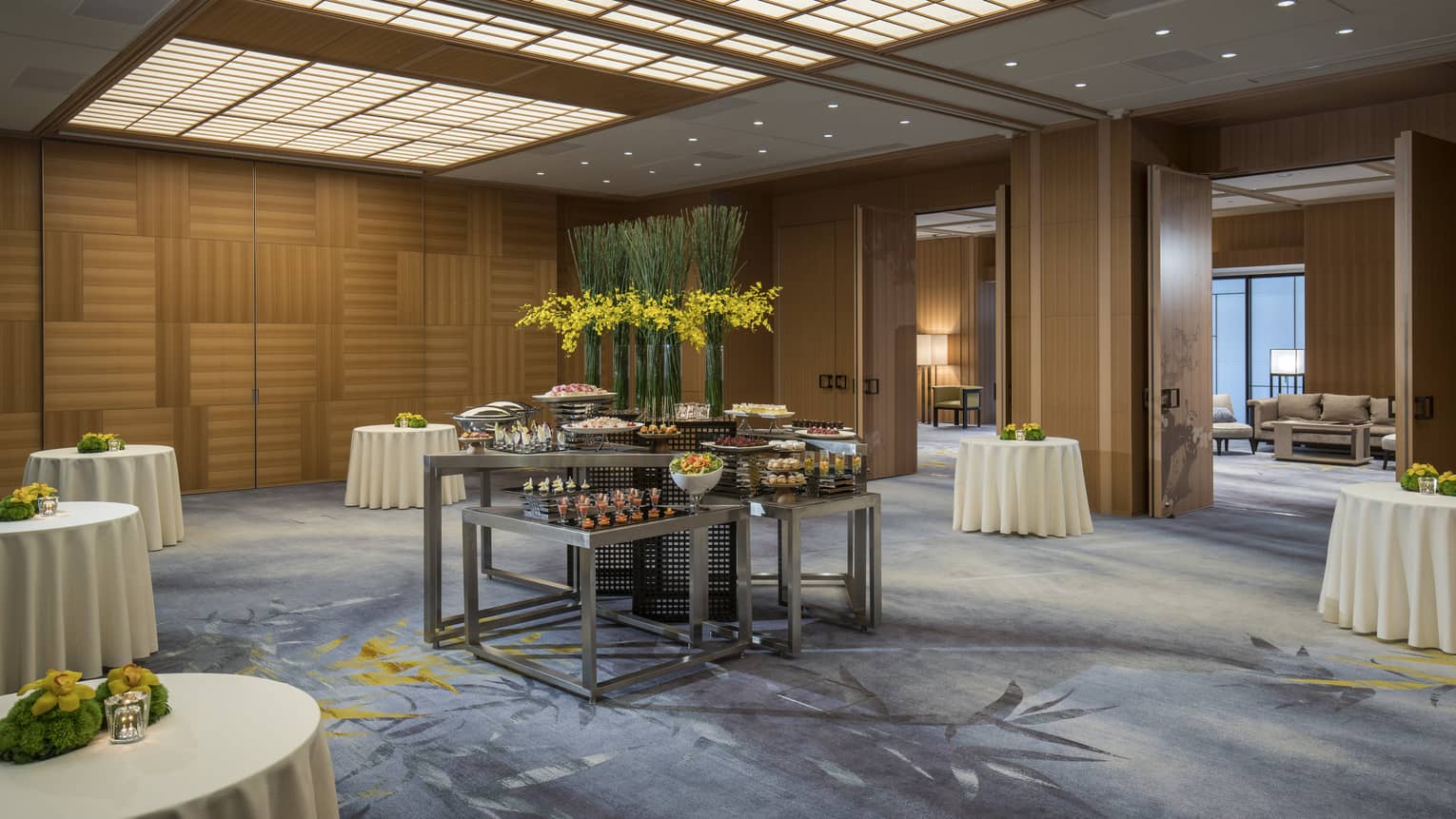 Appetizer buffet table, small cocktail tables in Yamazakura and Komatsu meeting room foyer 