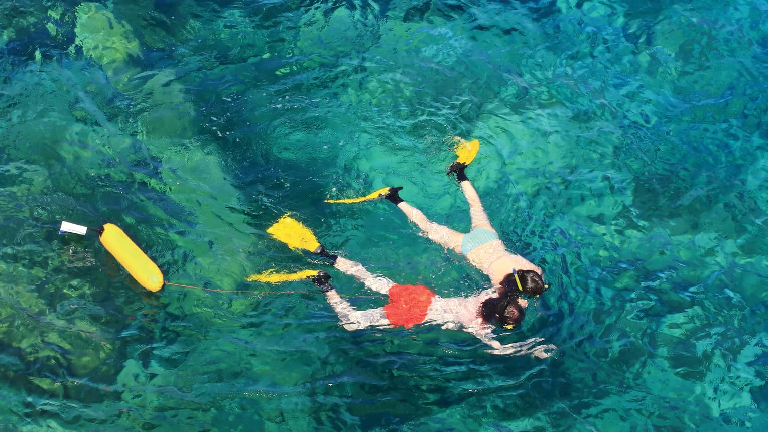View from above of two guests in flippers snorkelling hand in hand, surrounded by crystal turquoise waters.