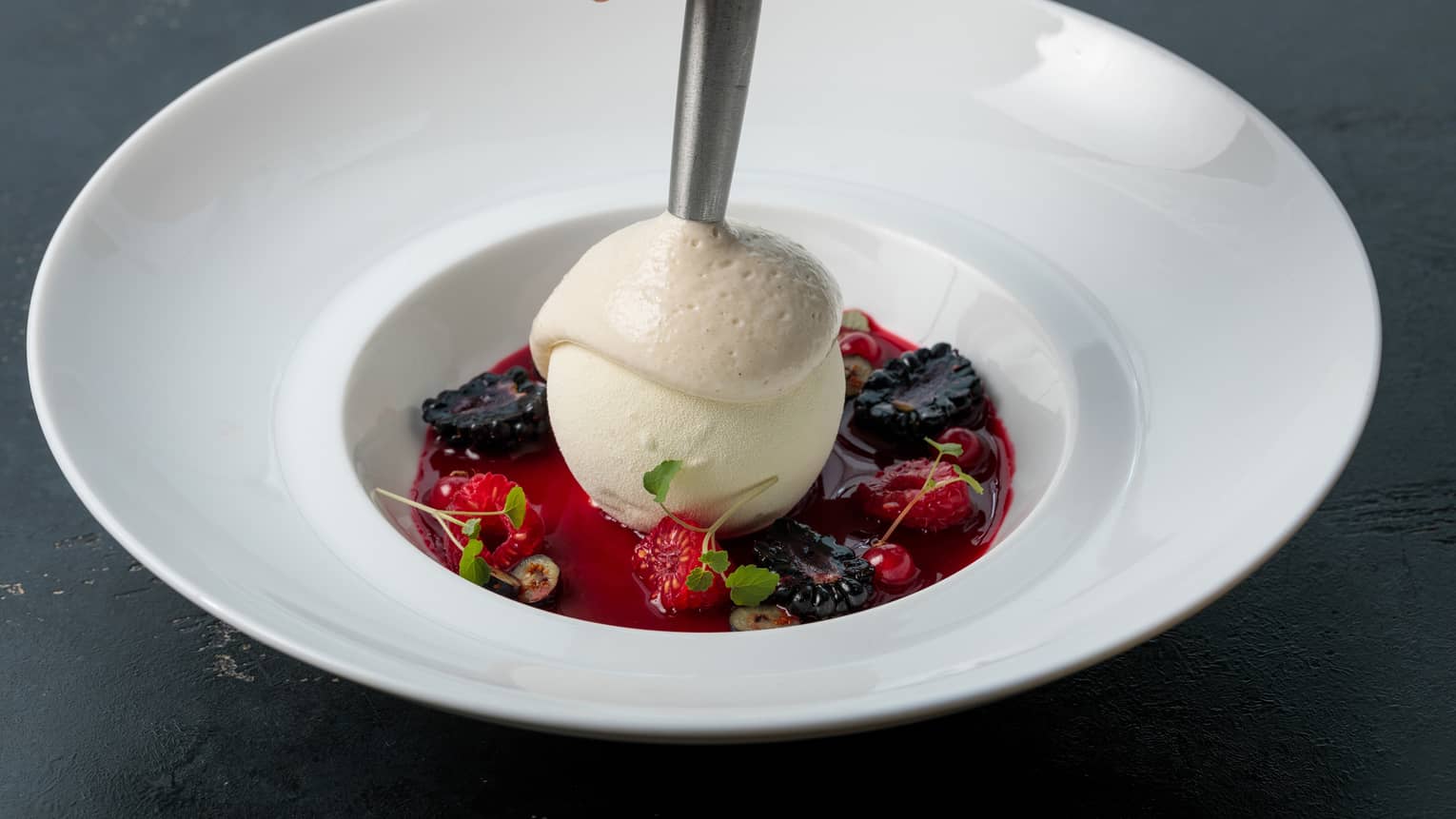 A white bowl filled with rice pudding, berry sauce and sorbet.