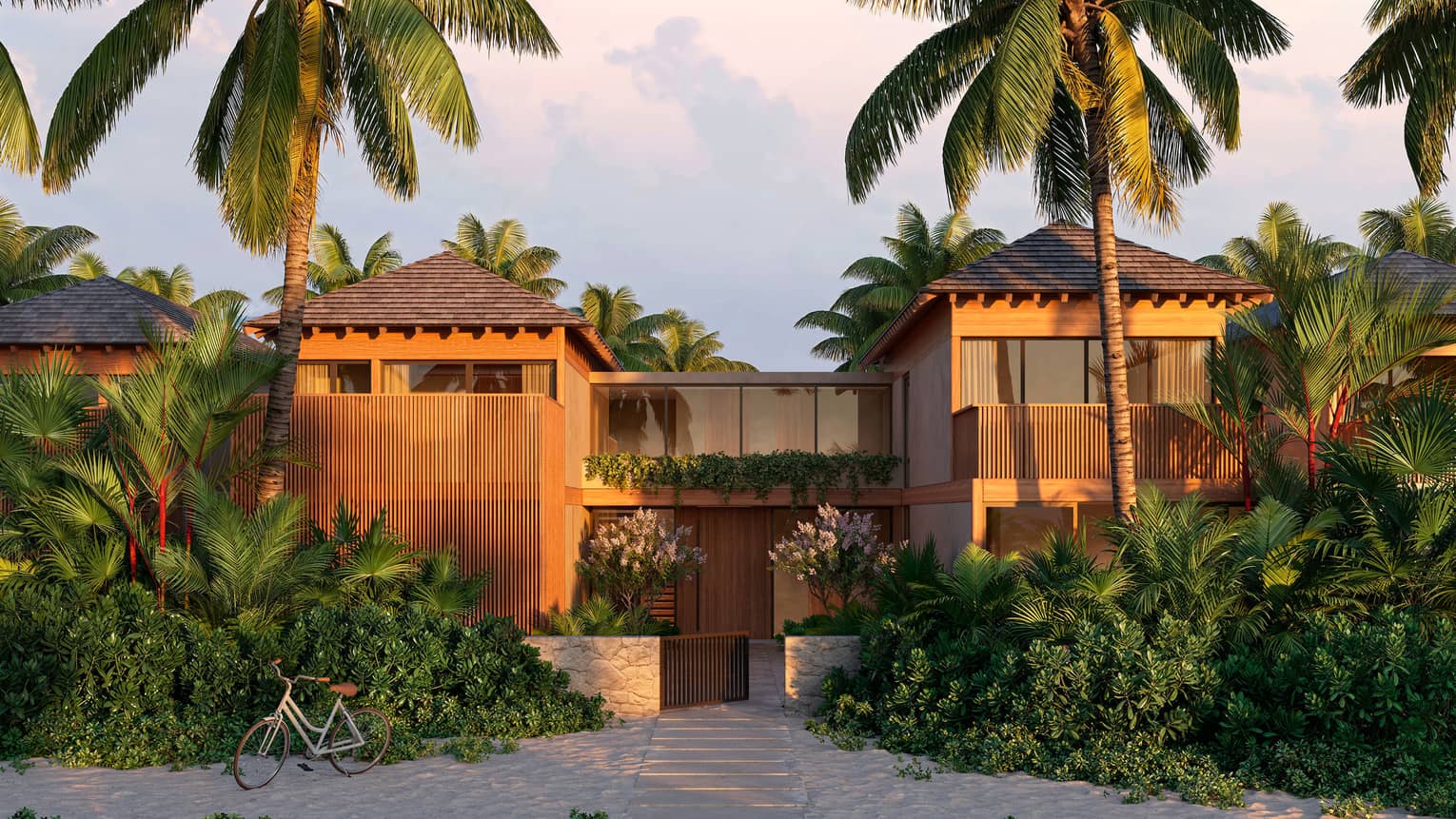Rendering of exterior of private residence at sundown