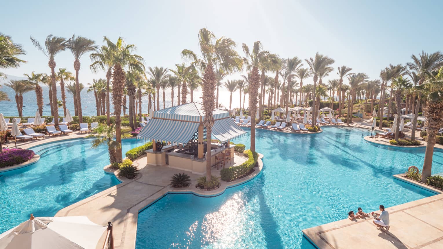 Palm trees shade the turquoise water of a large swimming pool lined with deck chairs and surrounding a central cabana bar.