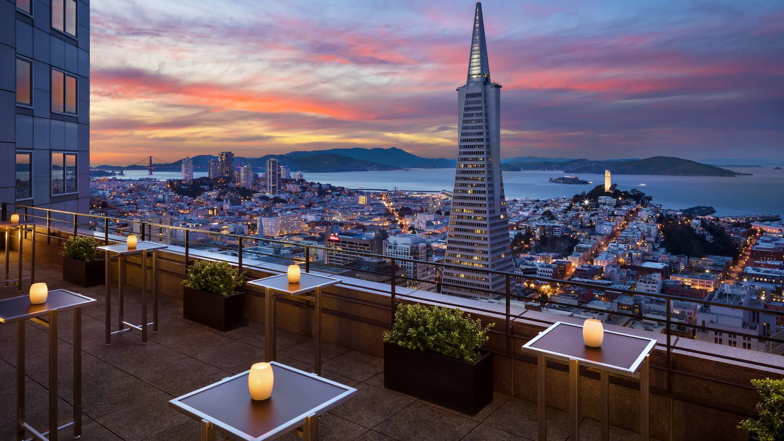 The sunset view over San Francisco from Four Seasons Hotel San Francisco at Embarcadero