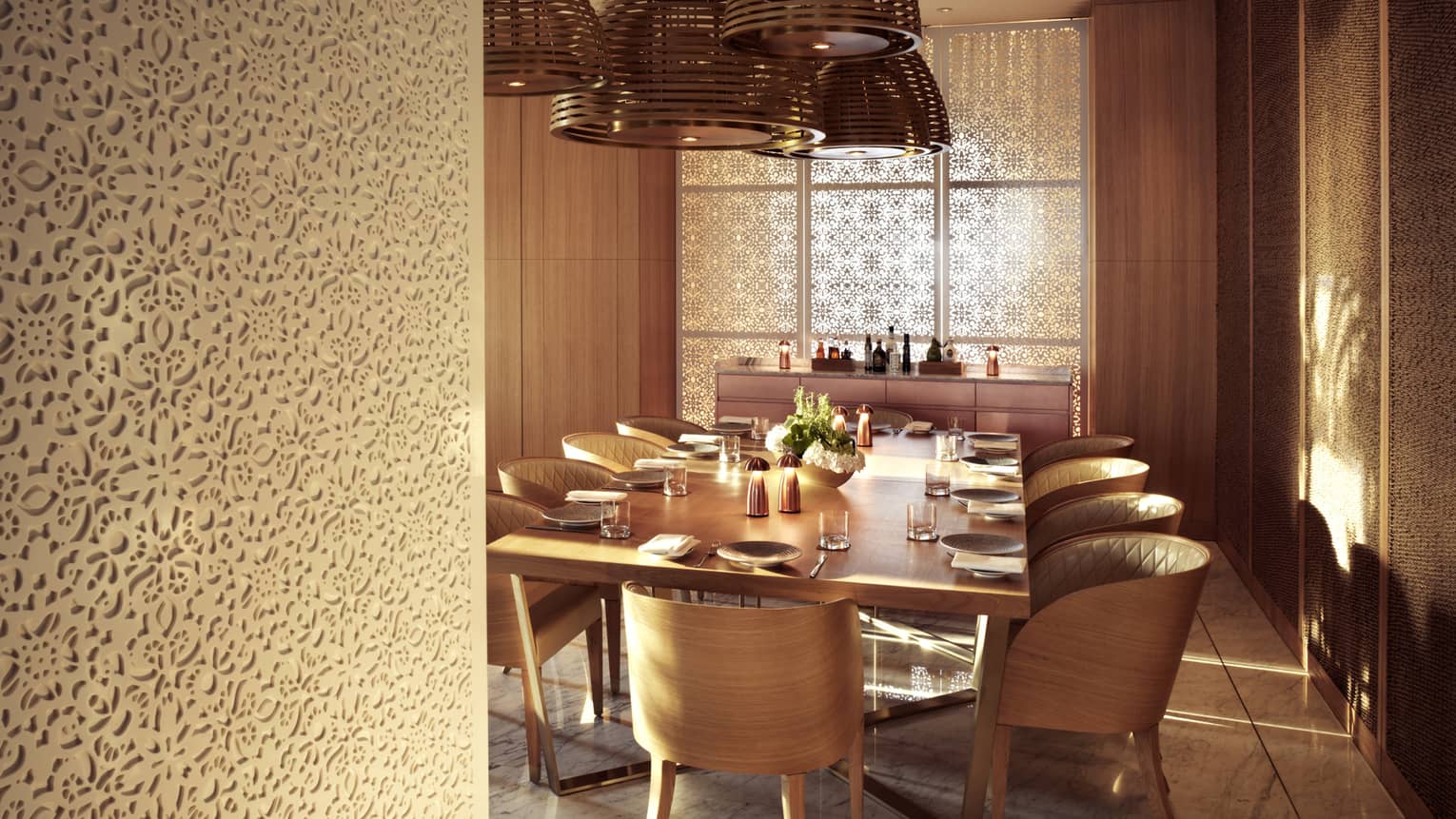 Private dining table in dining room with decorative walls, wood chandeliers 