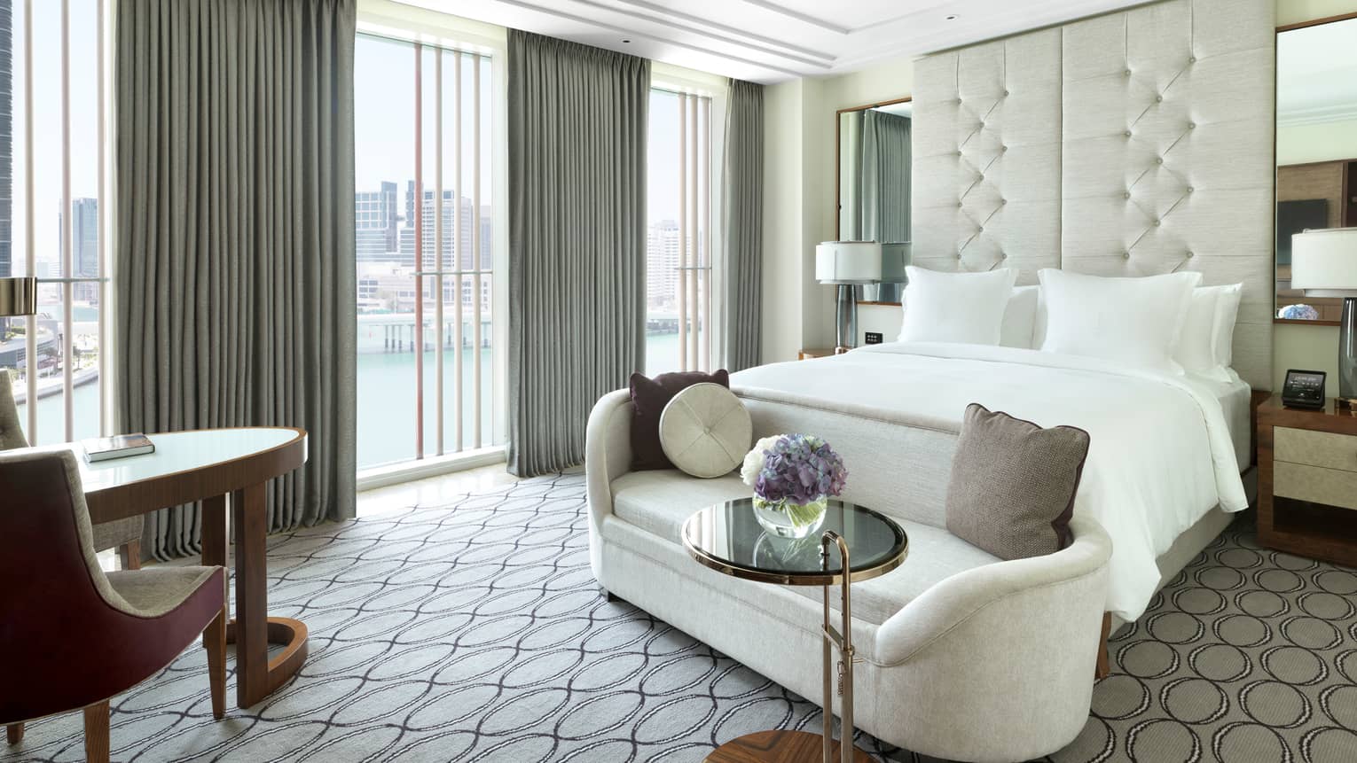 Abu Dhabi Hotel Suites Luxury Rooms Four Seasons Deluxe Room Plush White Loveseat At Foot Of Bed By Sunny Window With Grey Curtains