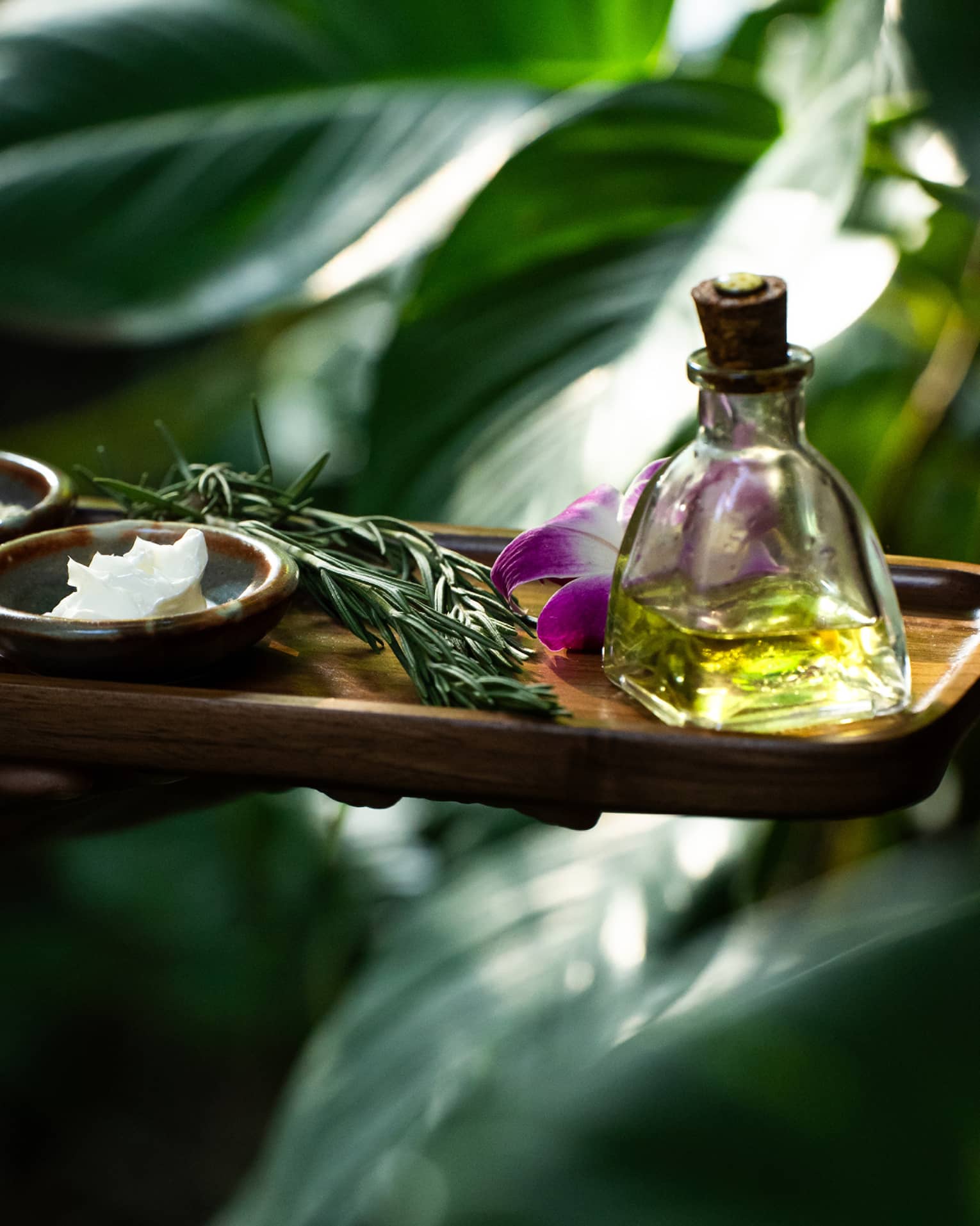 Spa oil, lotion and herbs on wooden tray in garden setting