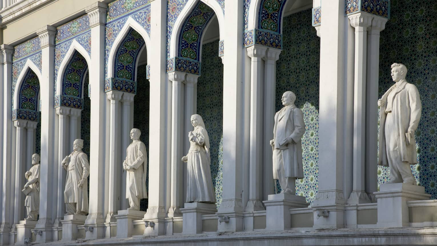 White statues, pillars in row at Nizami Museum of Azerbaijan Literature 