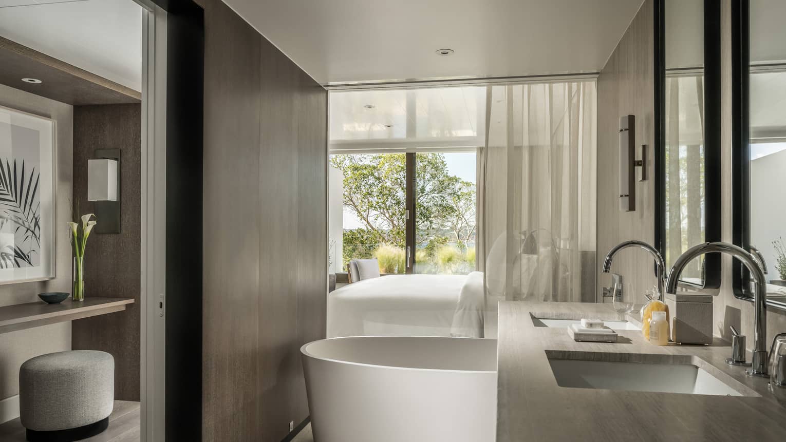 Nafsika Bedroom Terrace Suite with Pool Bathroom with marbled double vanity and large soaking tub