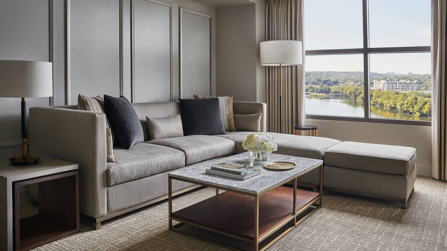 Austin Hotel Downtown Luxury Four Seasons Lake View Suite Grey Sectional Sofa Cushions By Floor Lamp Large Window