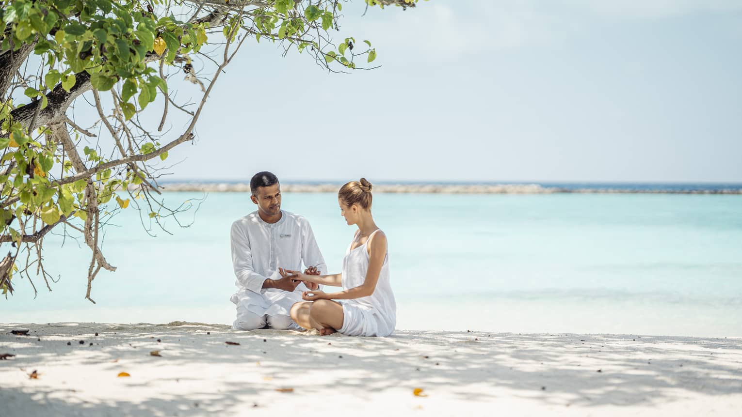 Doctor teaching a wellness haven guest holistic practices on the shore under the shade of a tree, with calm turquoise water in the background