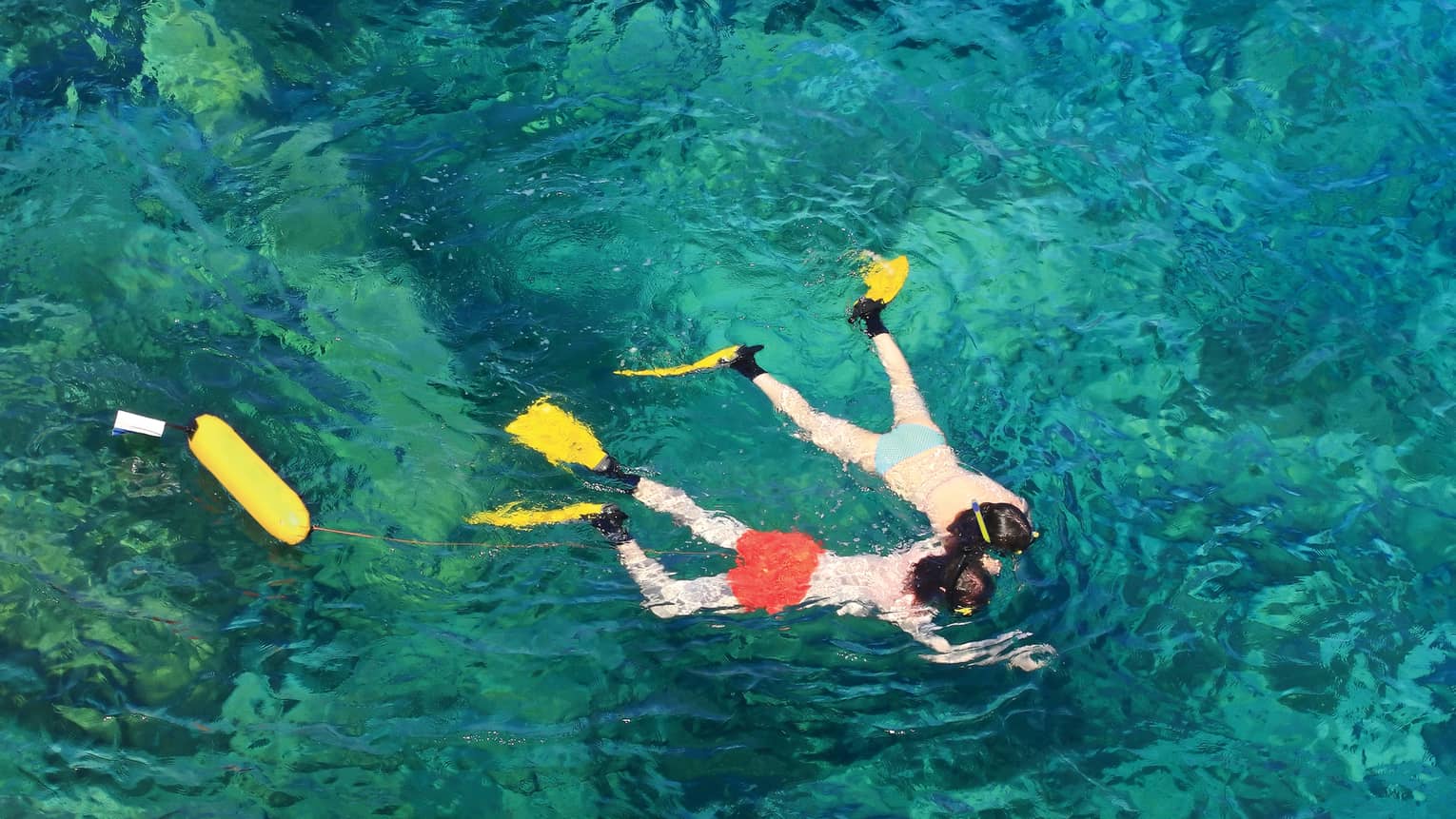 View from above of two guests in flippers snorkelling hand in hand, surrounded by crystal turquoise waters.