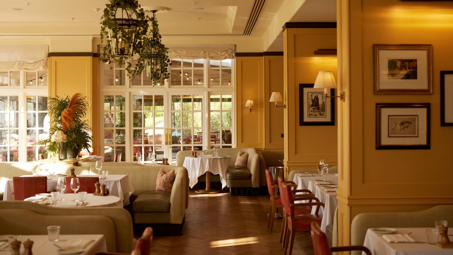 Sunny restaurant with yellow walls, classic banquette and table seating and vine-draped chandeliers