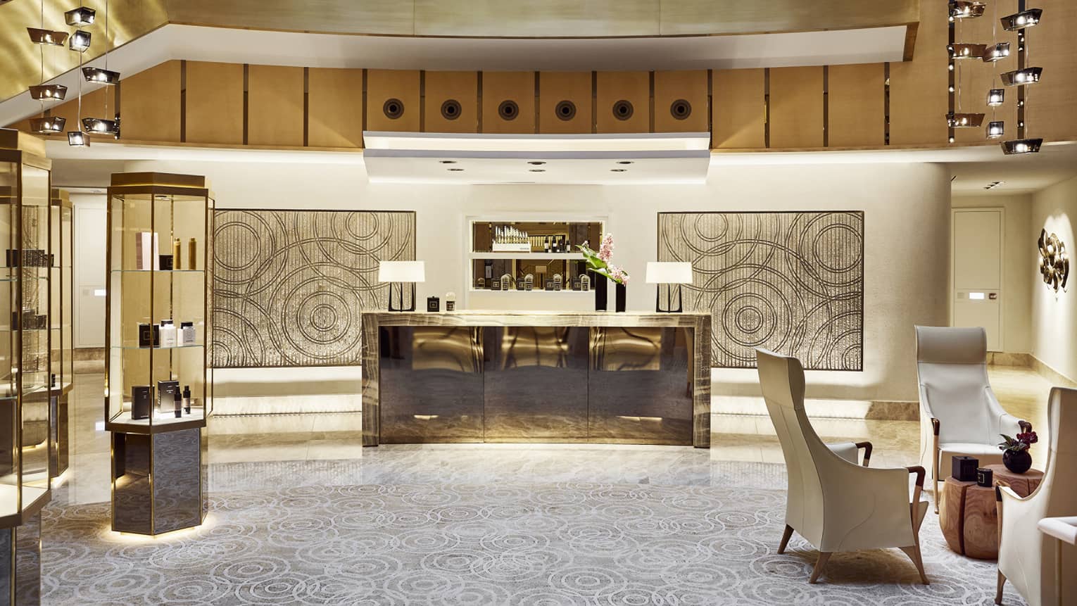 The lobby of a spa area.