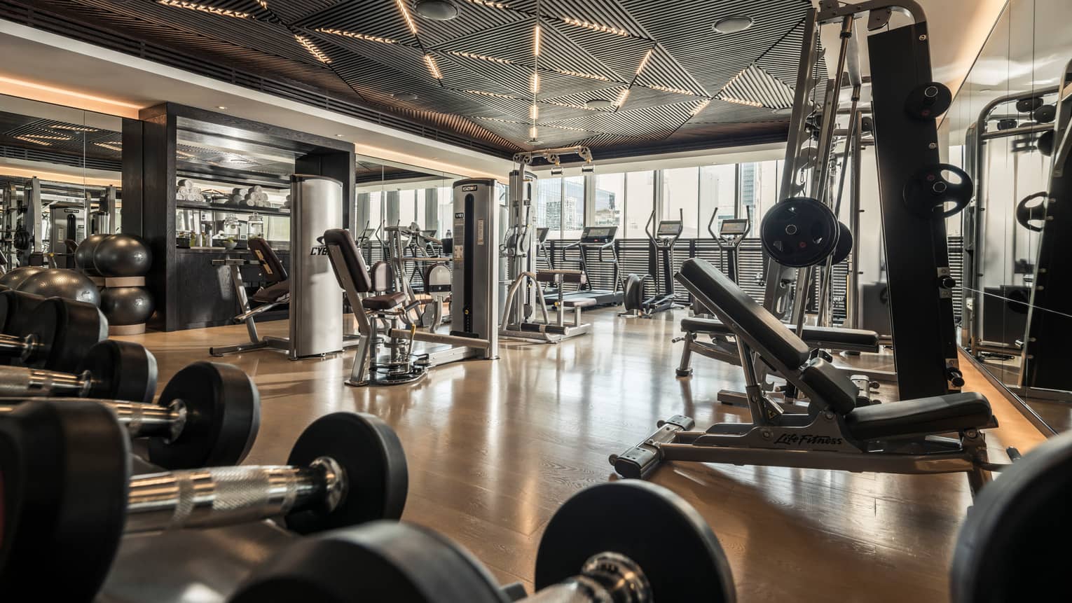 Cardio machines and weight stations line the Fitness Centre 