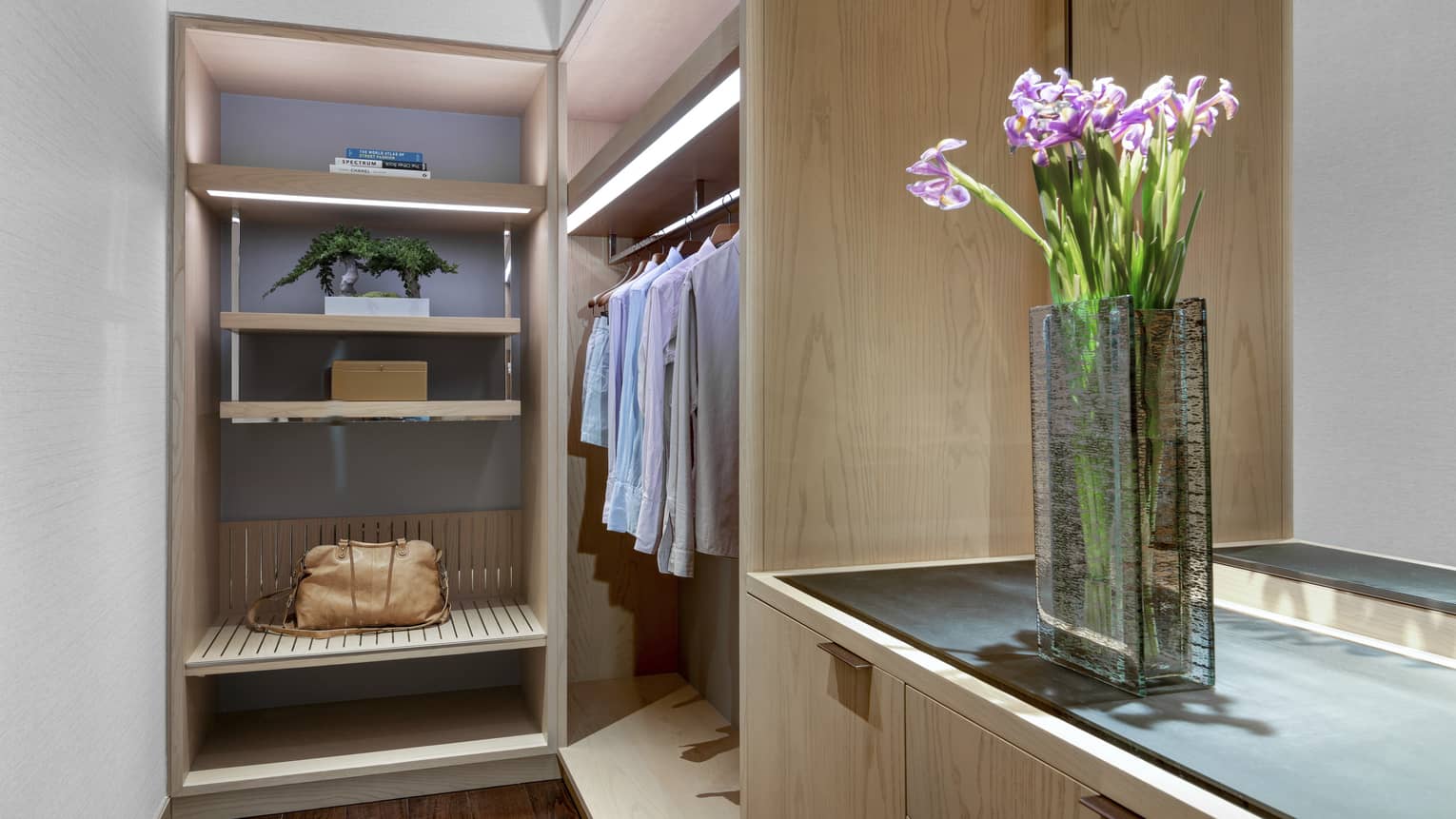Walk-in closet with wooden built-ins