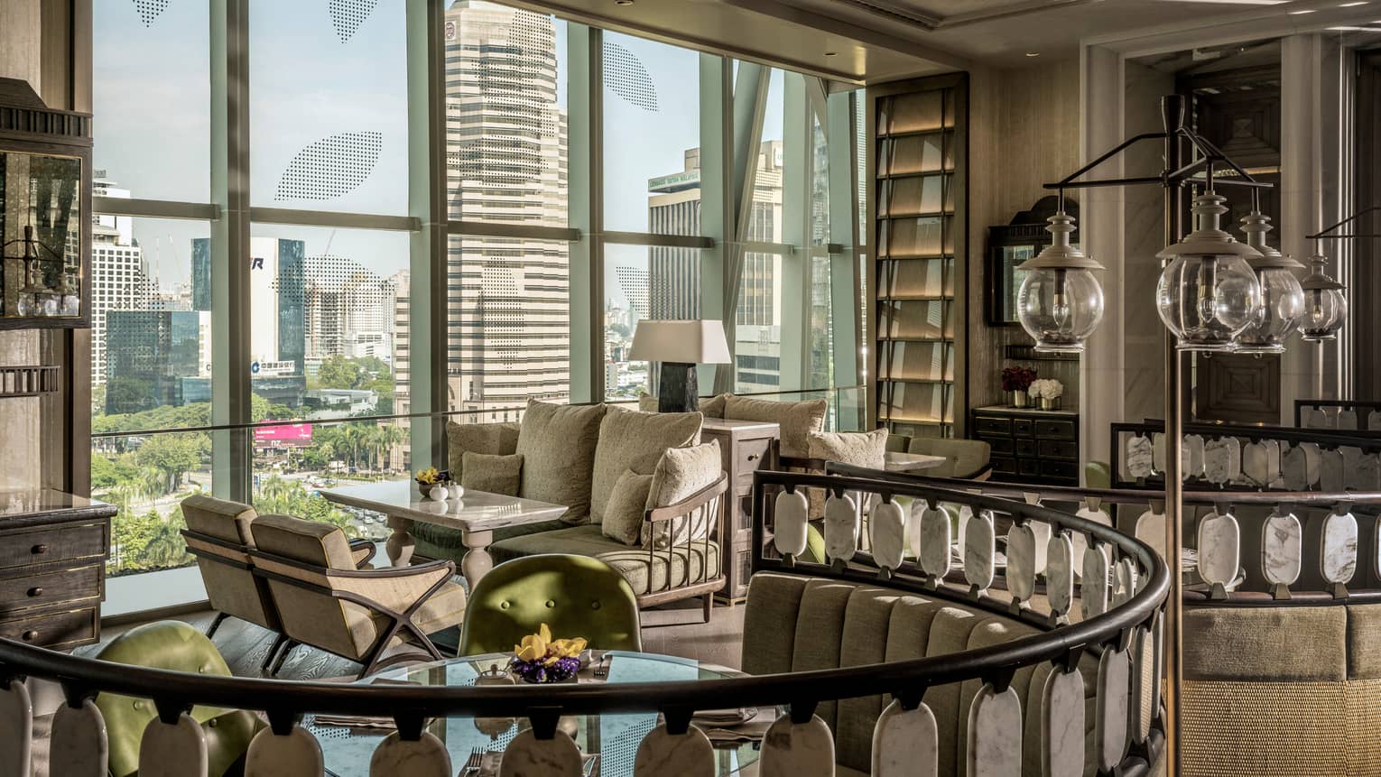 Lobby Lounge seating area with view of city skyline