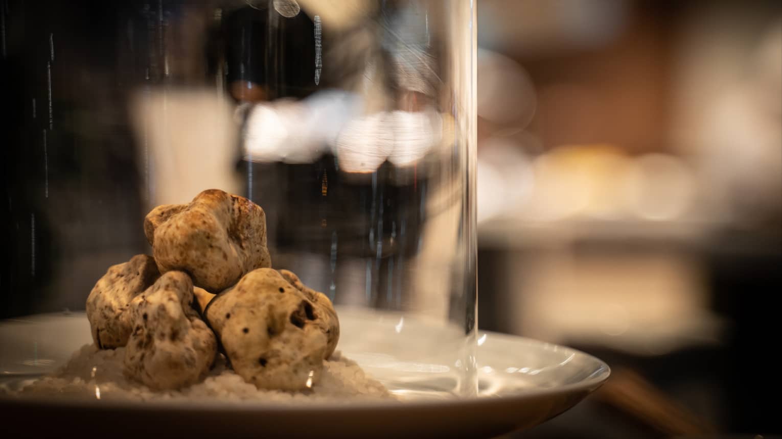 Three irregular truffles stacked on a white plate under a cloche