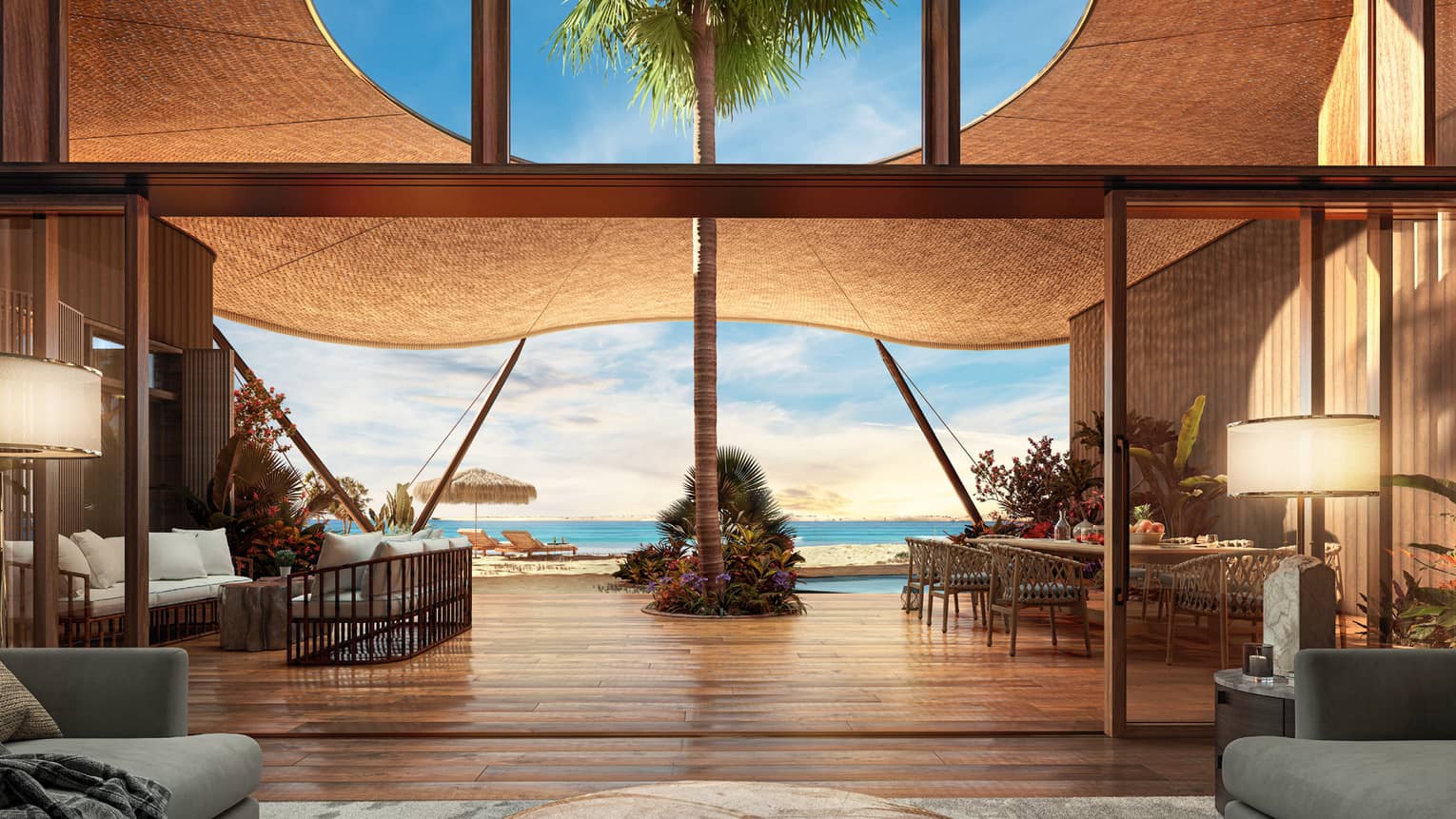 Property interior with view of beach and sea