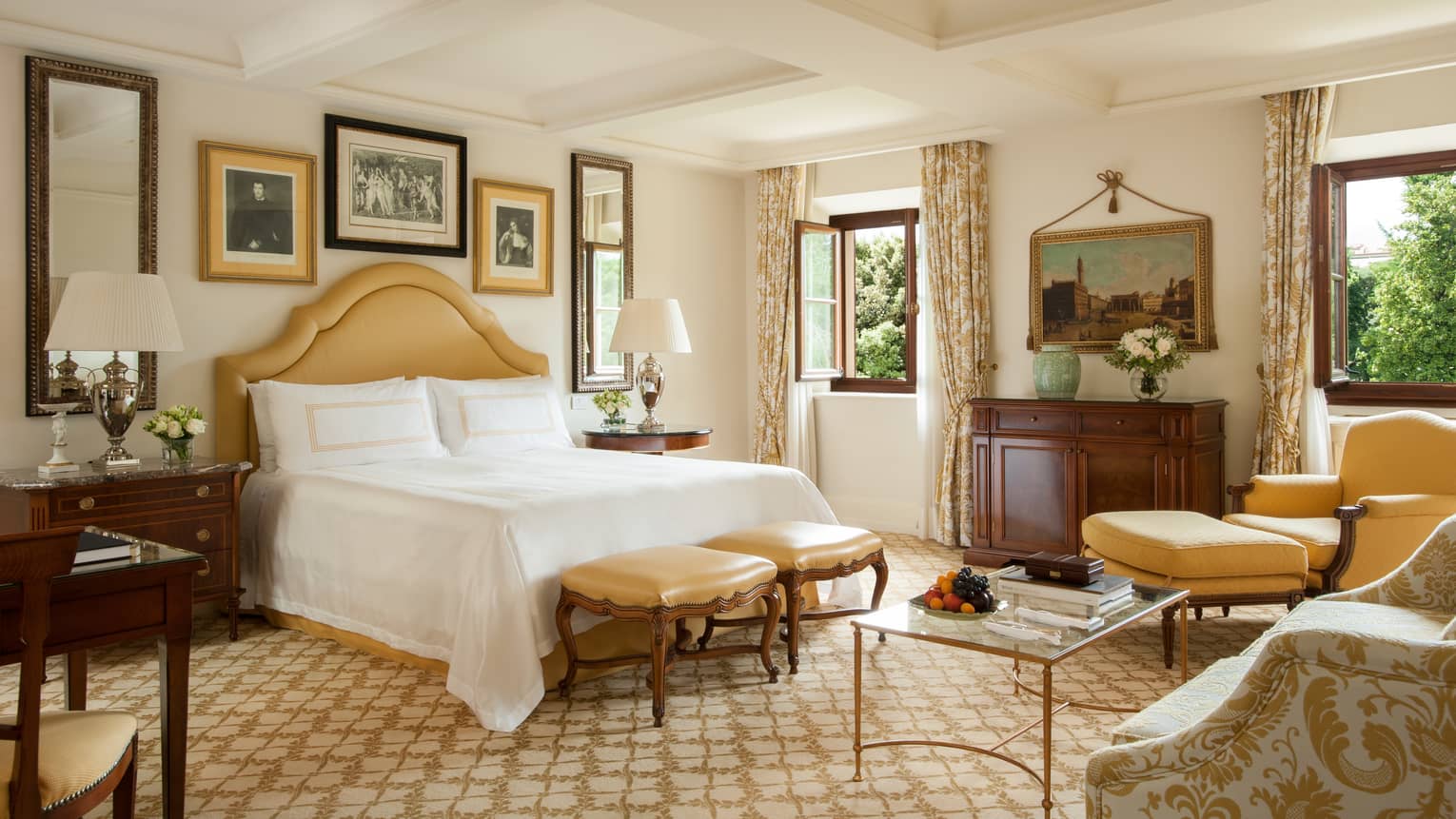 Parlour Suite bed with padded headboard, benches, gold armchair, dresser, painting by open windows