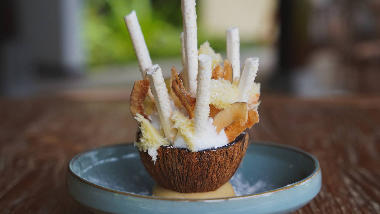 A pale blue plate holds a coconut half filled with a white foam and other white, pale yellow and golden-brown ingredients and garnishes.