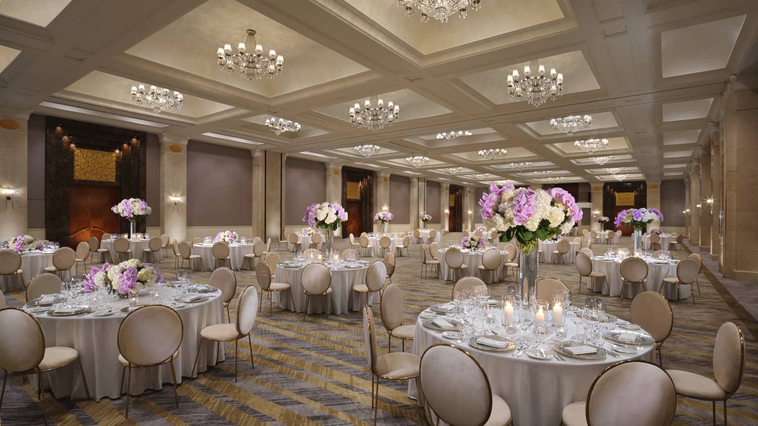 A series of banquet tables with tall hydrangea centerpieces, illuminated by over a dozen chandeliers. 