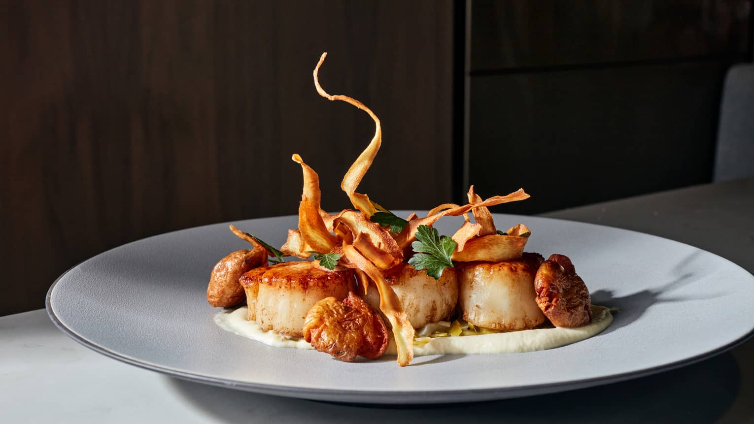 A plate of sea scallops on a cream sauce.