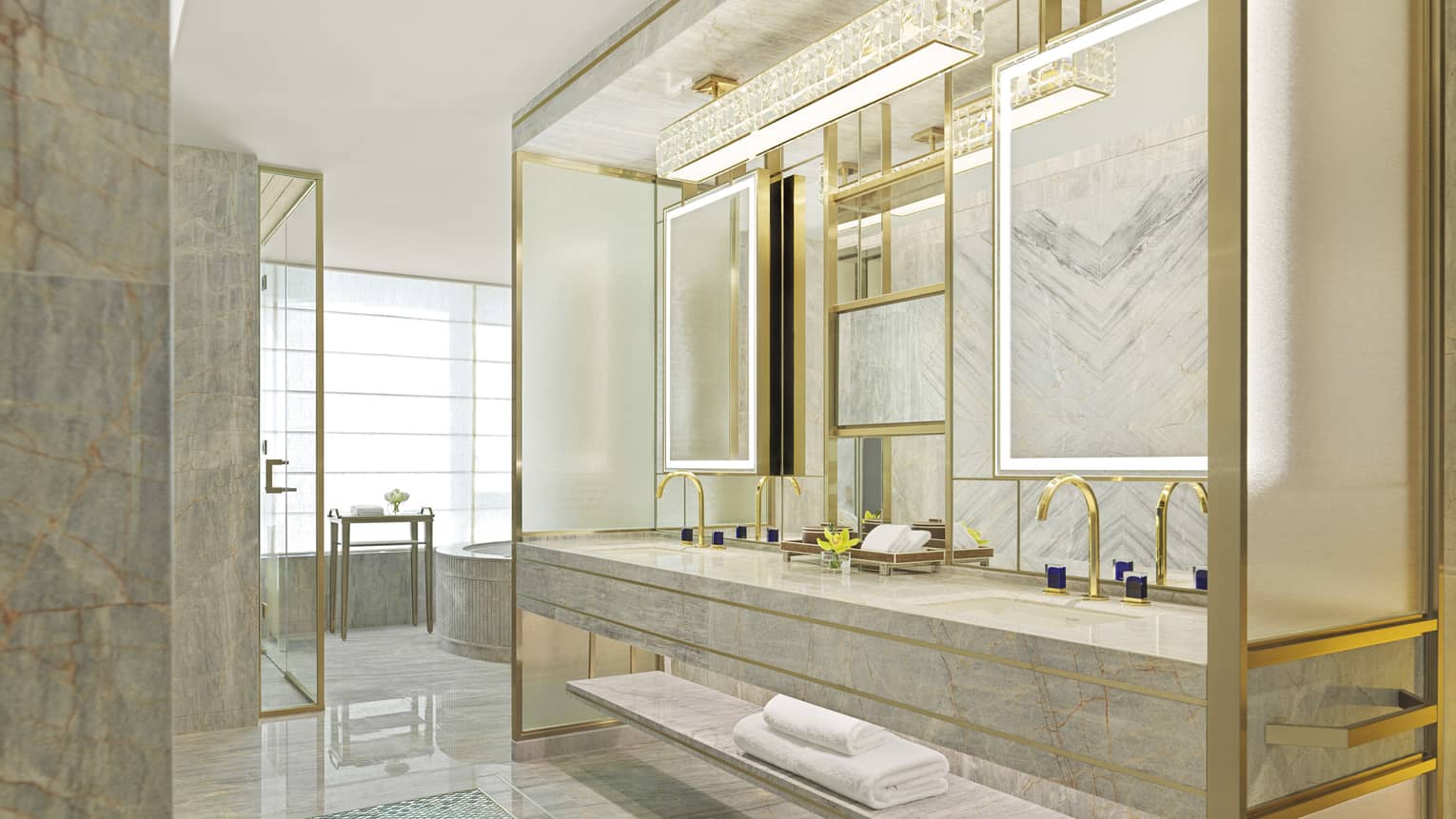 Grand bathroom with gold and marble double vanity, The Grand Suites at Four Seasons, Macao