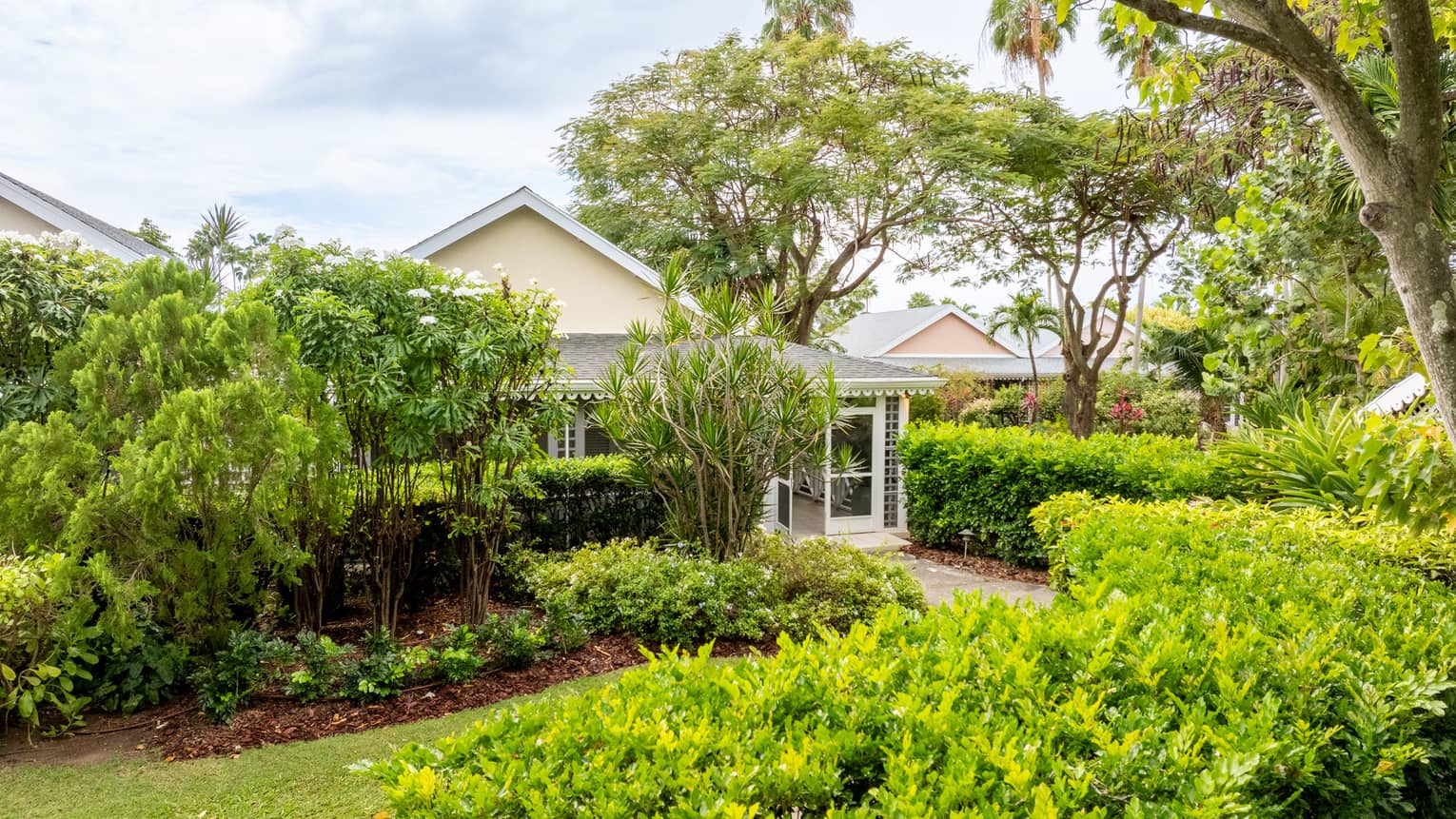 Exterior of a private villa in a tropical location, hidden behind lush trees