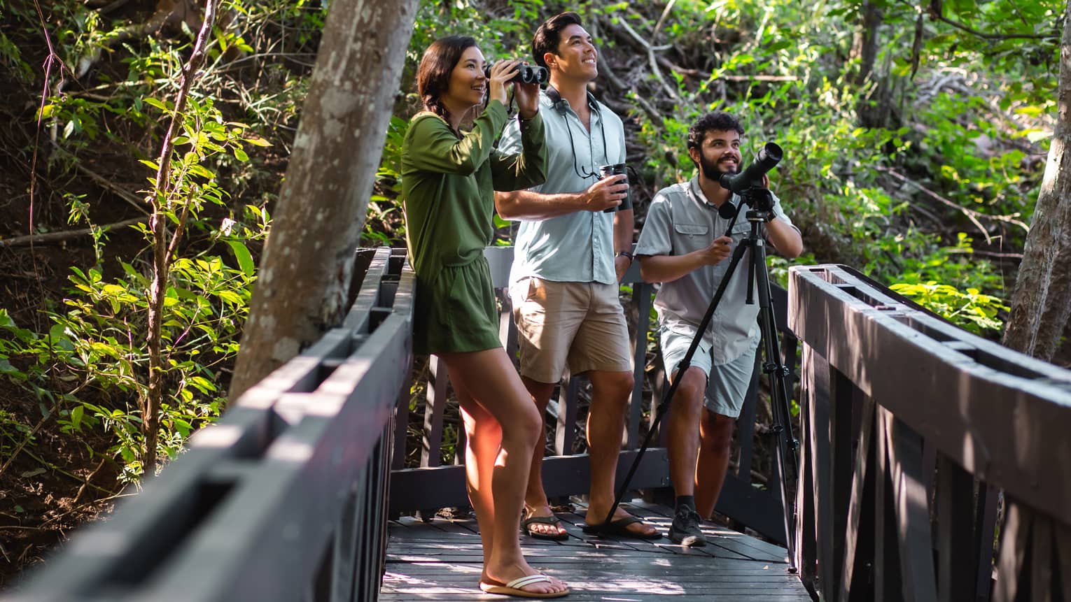 A woman holding binoculars, a man holding a recorder and a guide holding a camera on a tripod are gathered on a wooden forest walkway for bird watching
