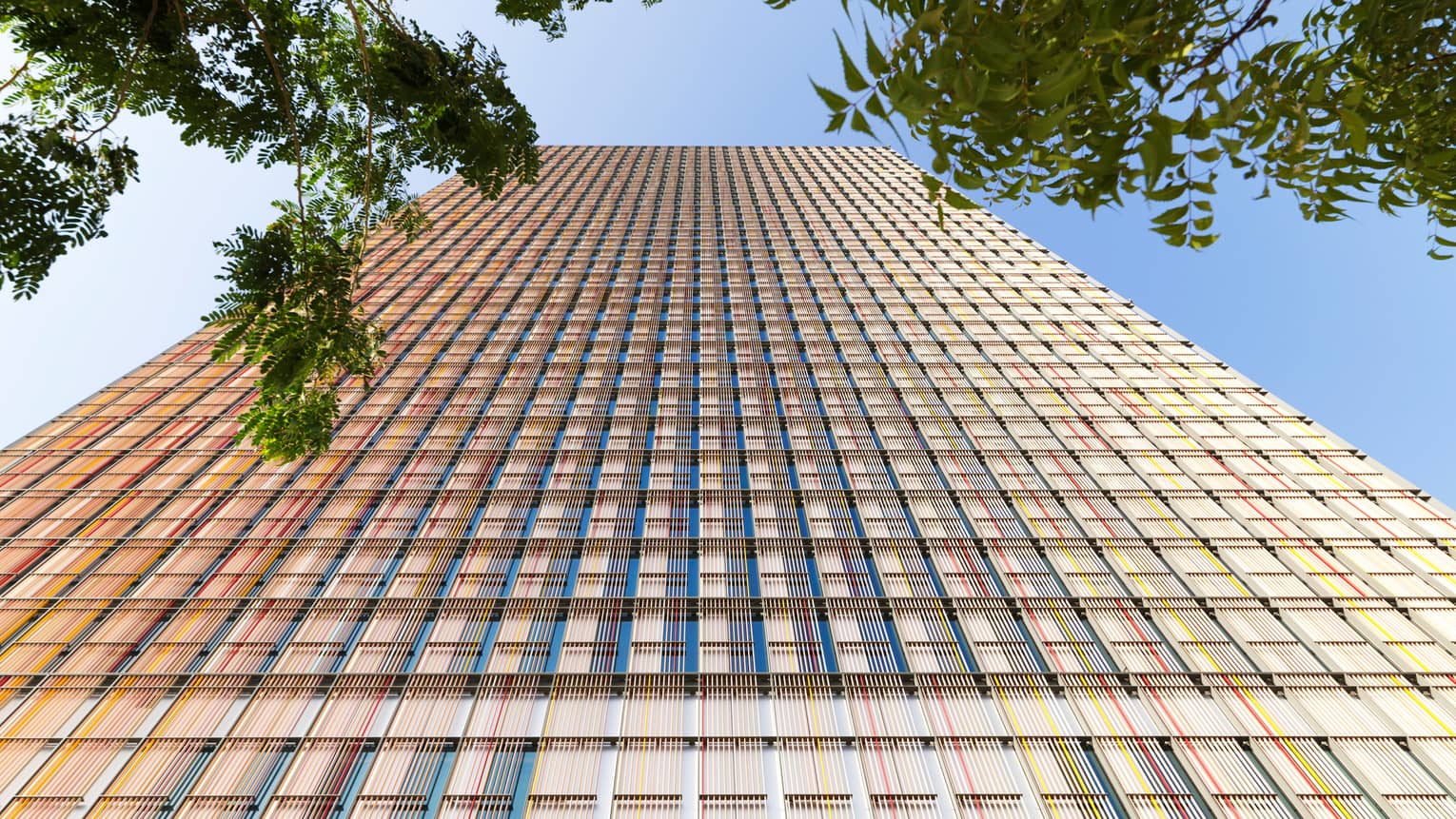 Low angle shot of hotel exterior with blue skies and tree branches framing the top