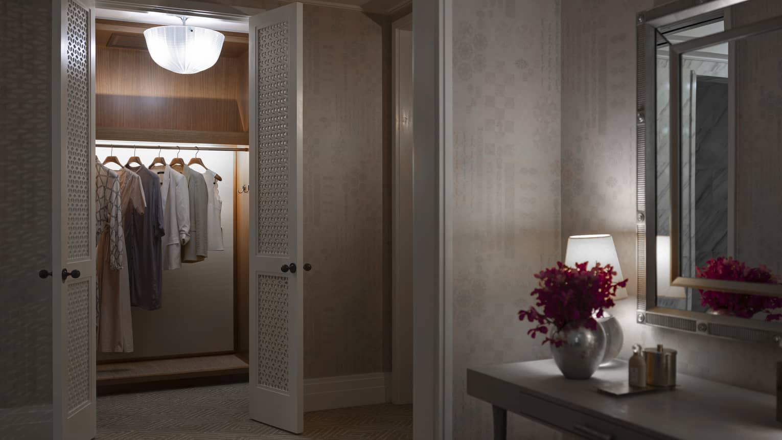 Opening to a closet with hanging clothes