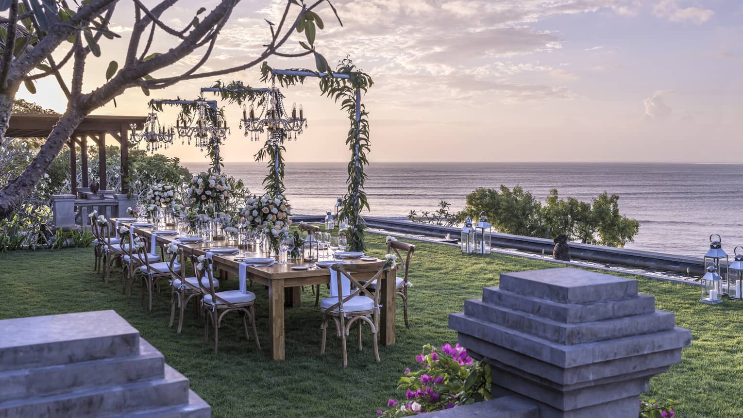 Chandeliers and flowers arranged for a wedding dinner at an Imperial Villa