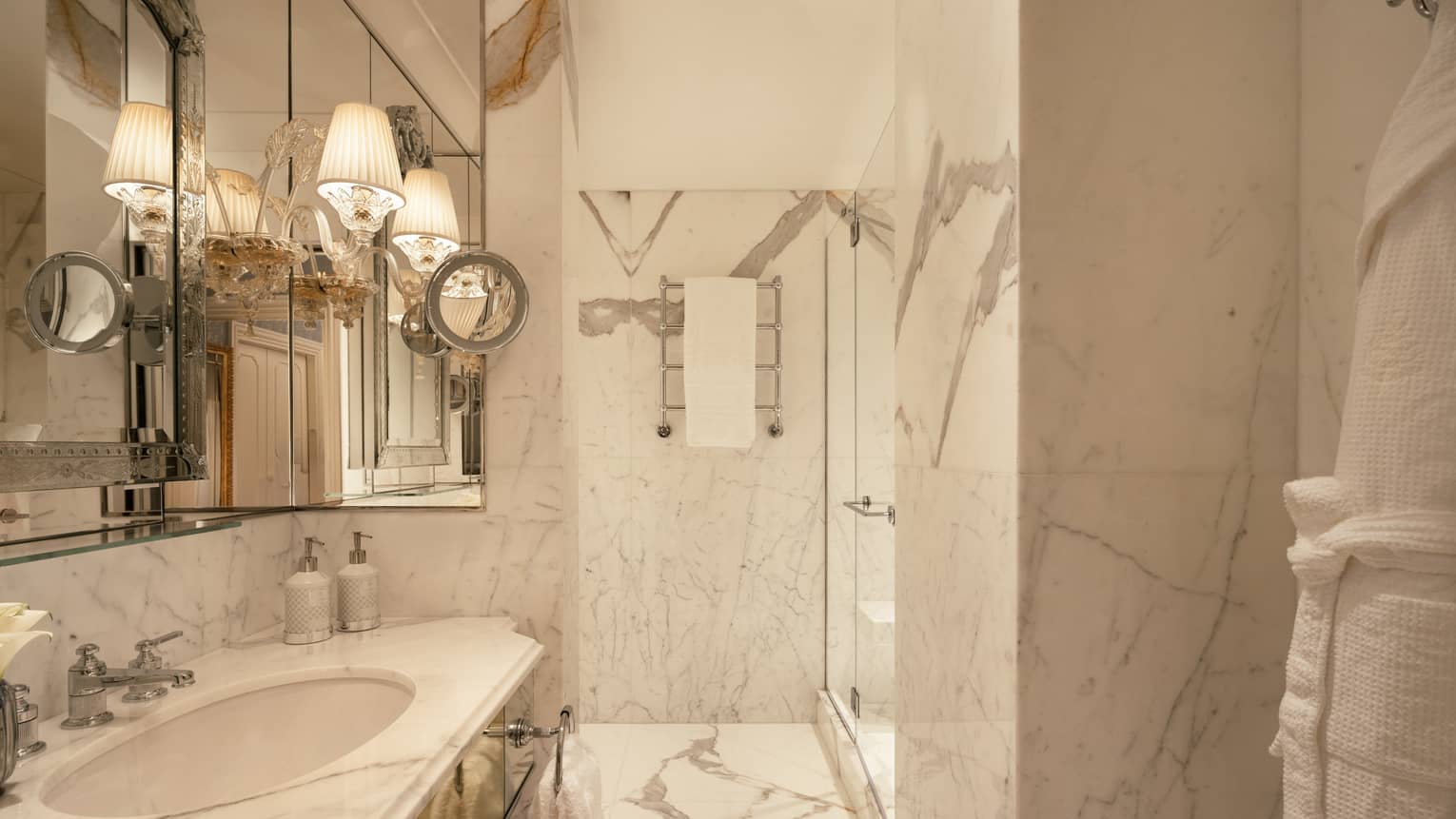 Italian marble bathroom featuring walk-in shower