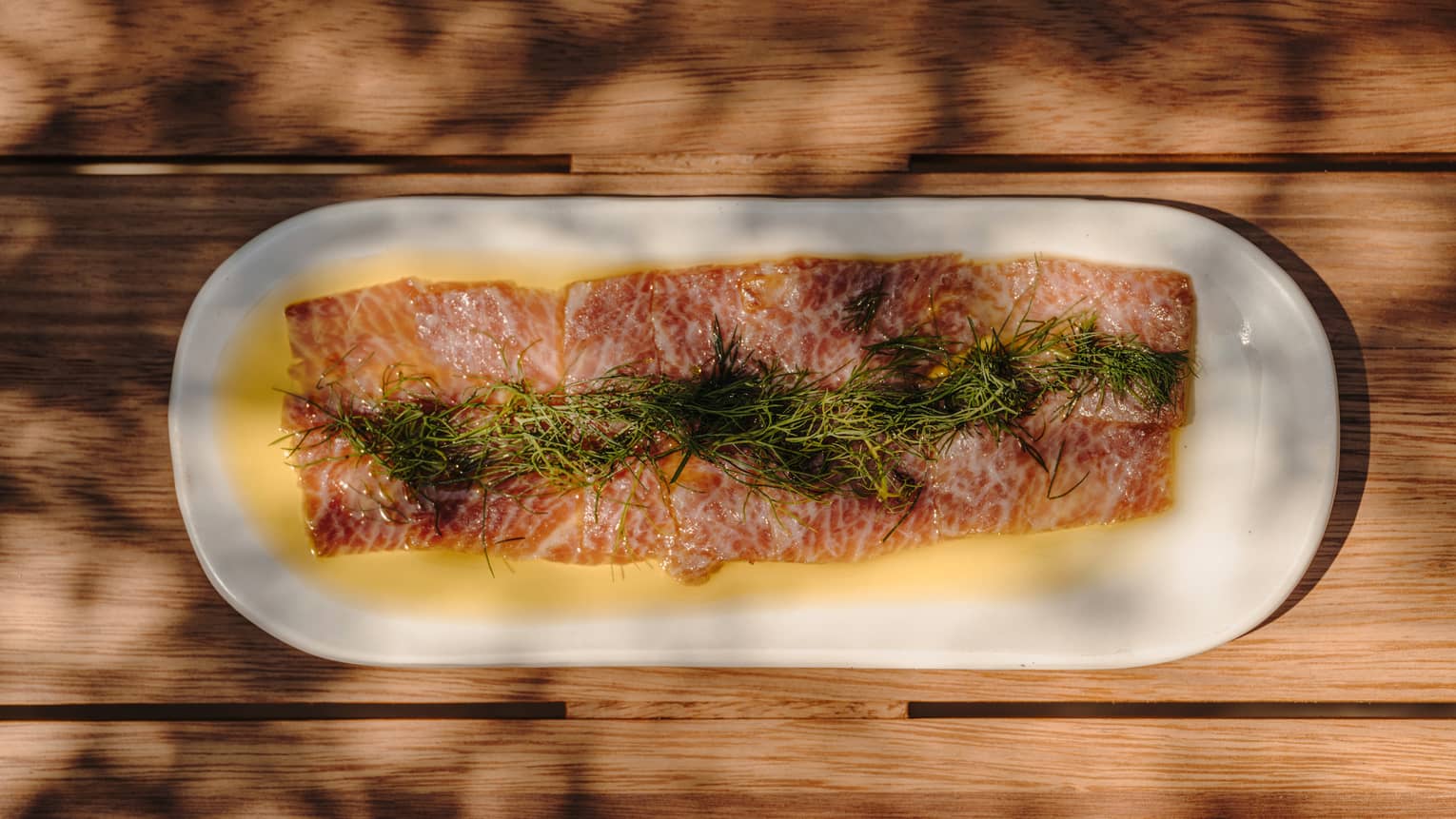 An artistic white oblong plate holds a large piece of pinkish-fleshed fish topped with garnishes and a sauce.
