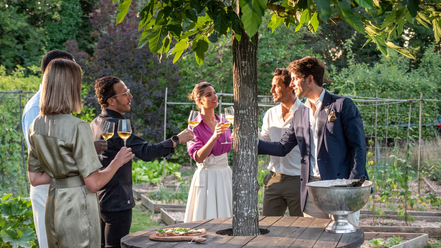 Friends cheers with wine glasses in garden