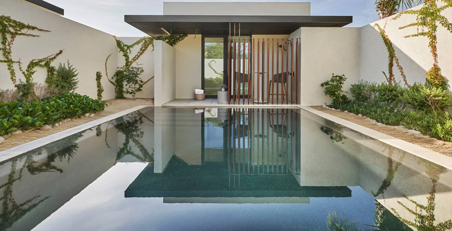 a wood gate behind a serene pool surrounded by white walls and plants.