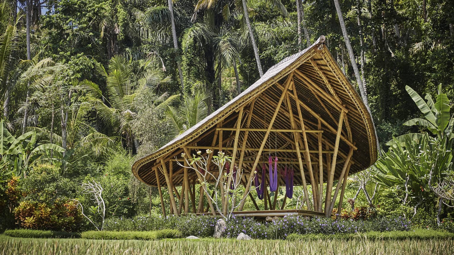 Dharma Shanti Bale meditation pavilion with modern-looking wood structure, colourful hammocks in tropical forest