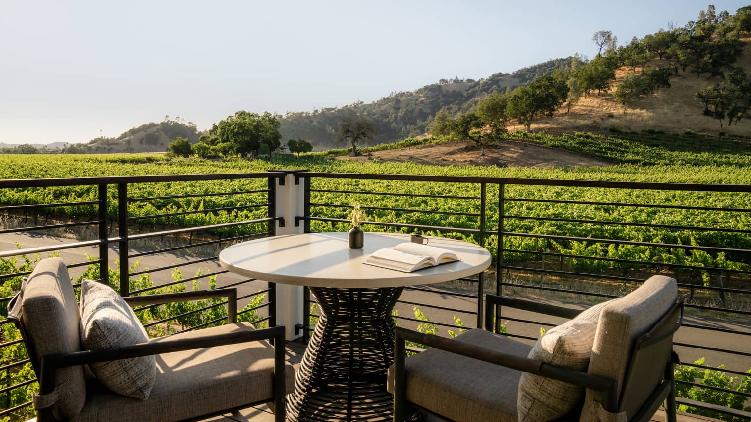 Private terrace with round table and two chairs, overlooking vineyard and mountain in wine country