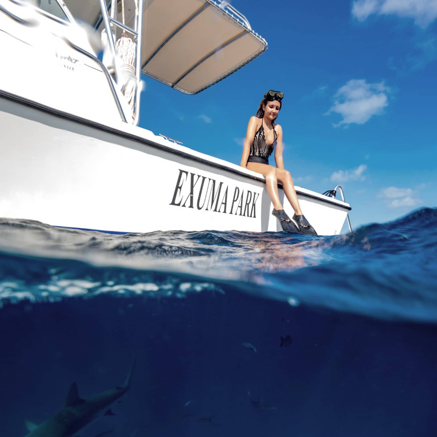 A snorkeller sits on the edge of a boat, flippered feet dangling in the water as sharks circle below the surface.
