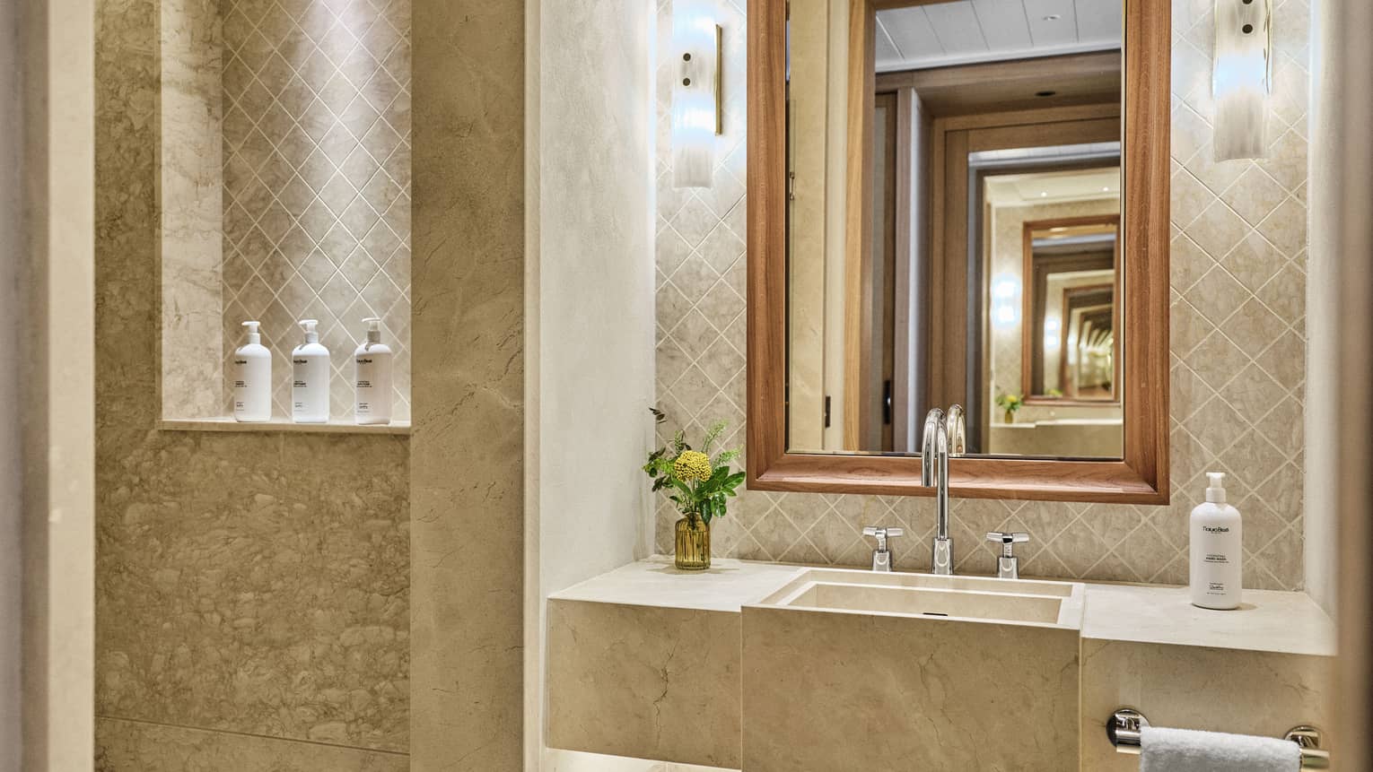 Luxury resort room bathroom with walk-in stone shower