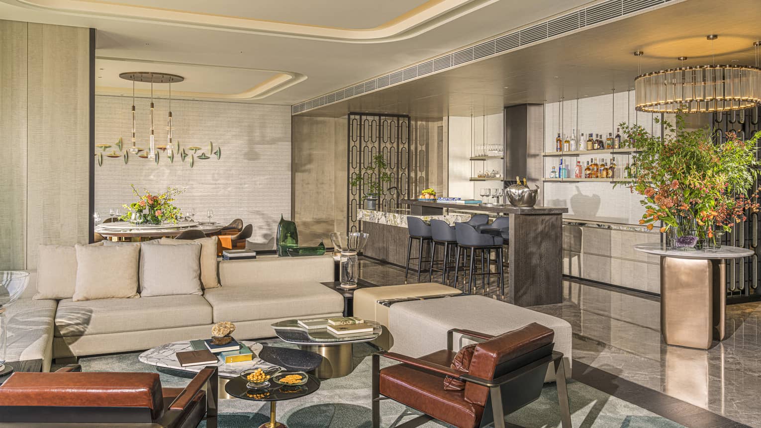 Penthouse Suite living room and dining bar counter at Four Seasons Hotel Hangzhou at Hangzhou Centre