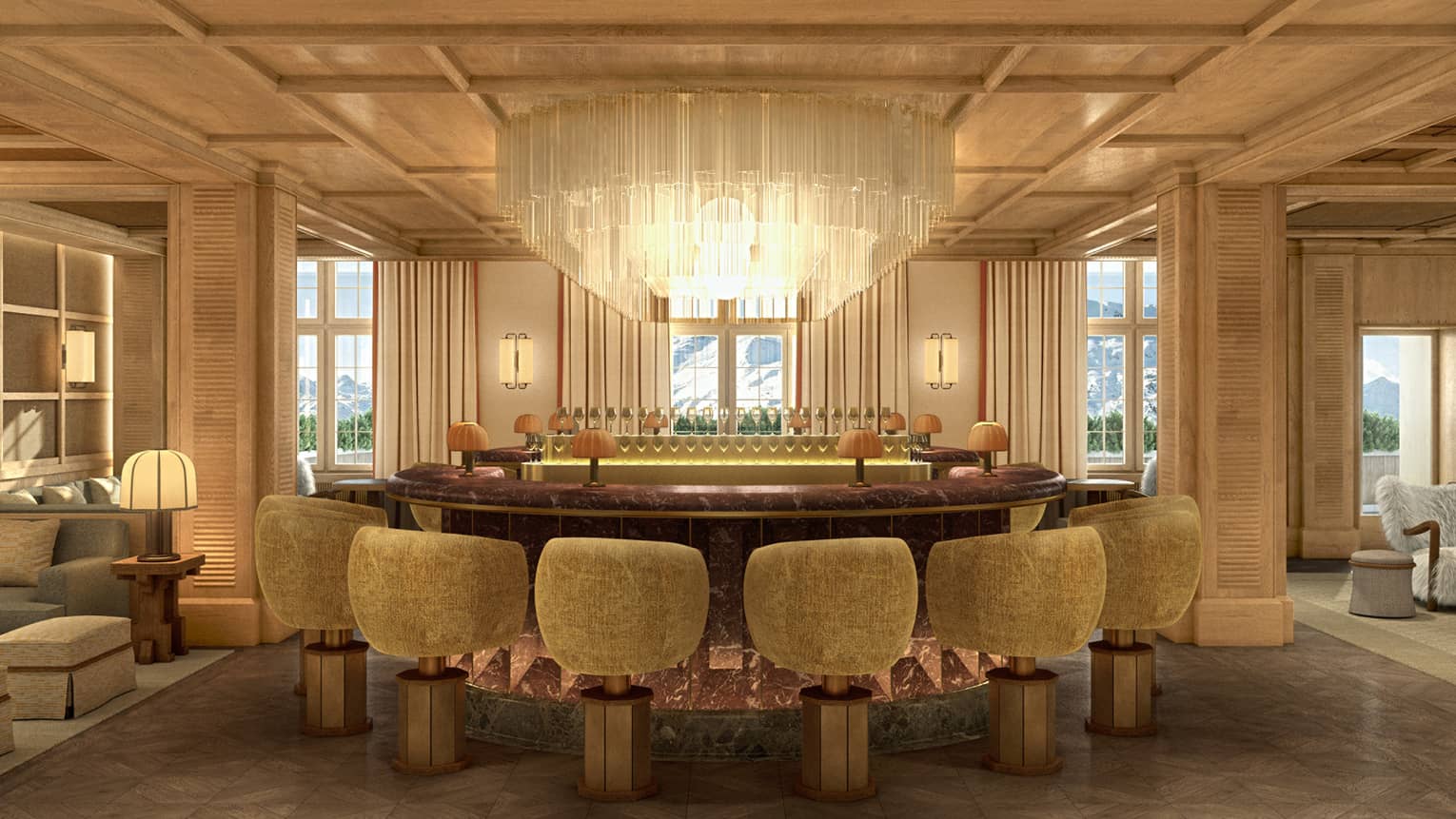 Rendering of interior of dining outlet with round table and bar
