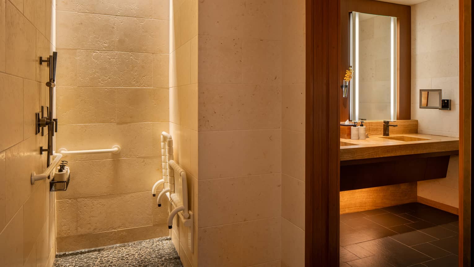 Accessible roll-in shower in bathroom