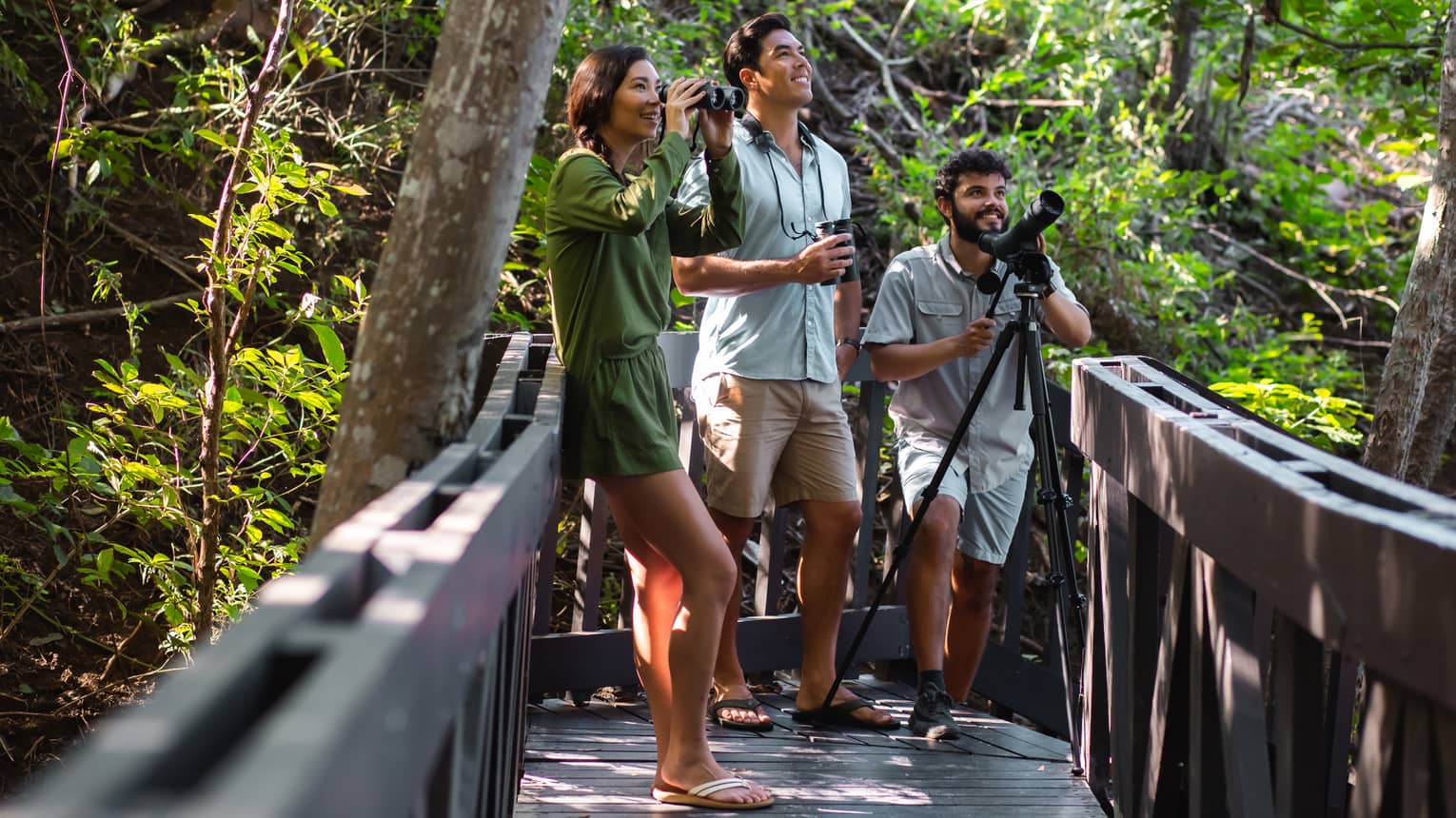 A woman holding binoculars, a man holding a recorder and a guide holding a camera on a tripod are gathered on a wooden forest walkway for bird watching